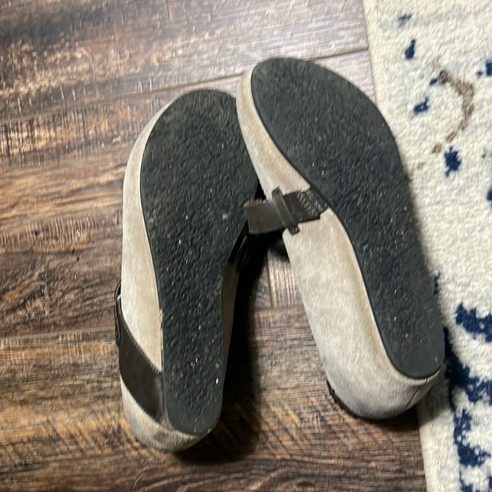 OTBT low wedge cross strap beige and brown shoe.